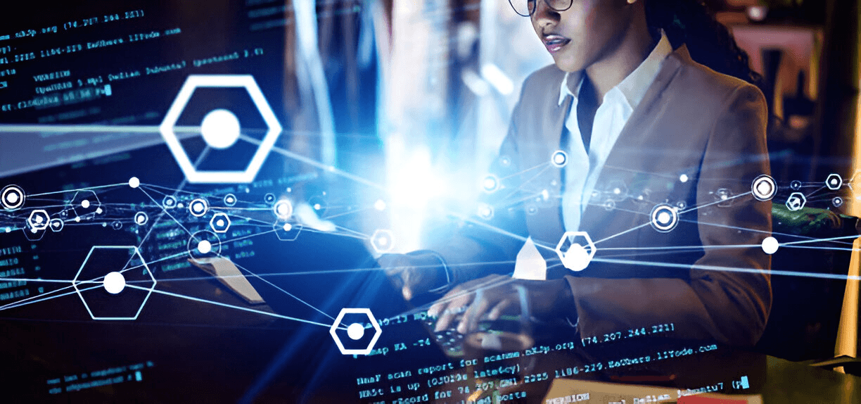 Woman working with blockchain technology on computer