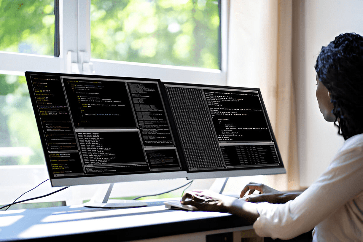 Woman writing code on computer
