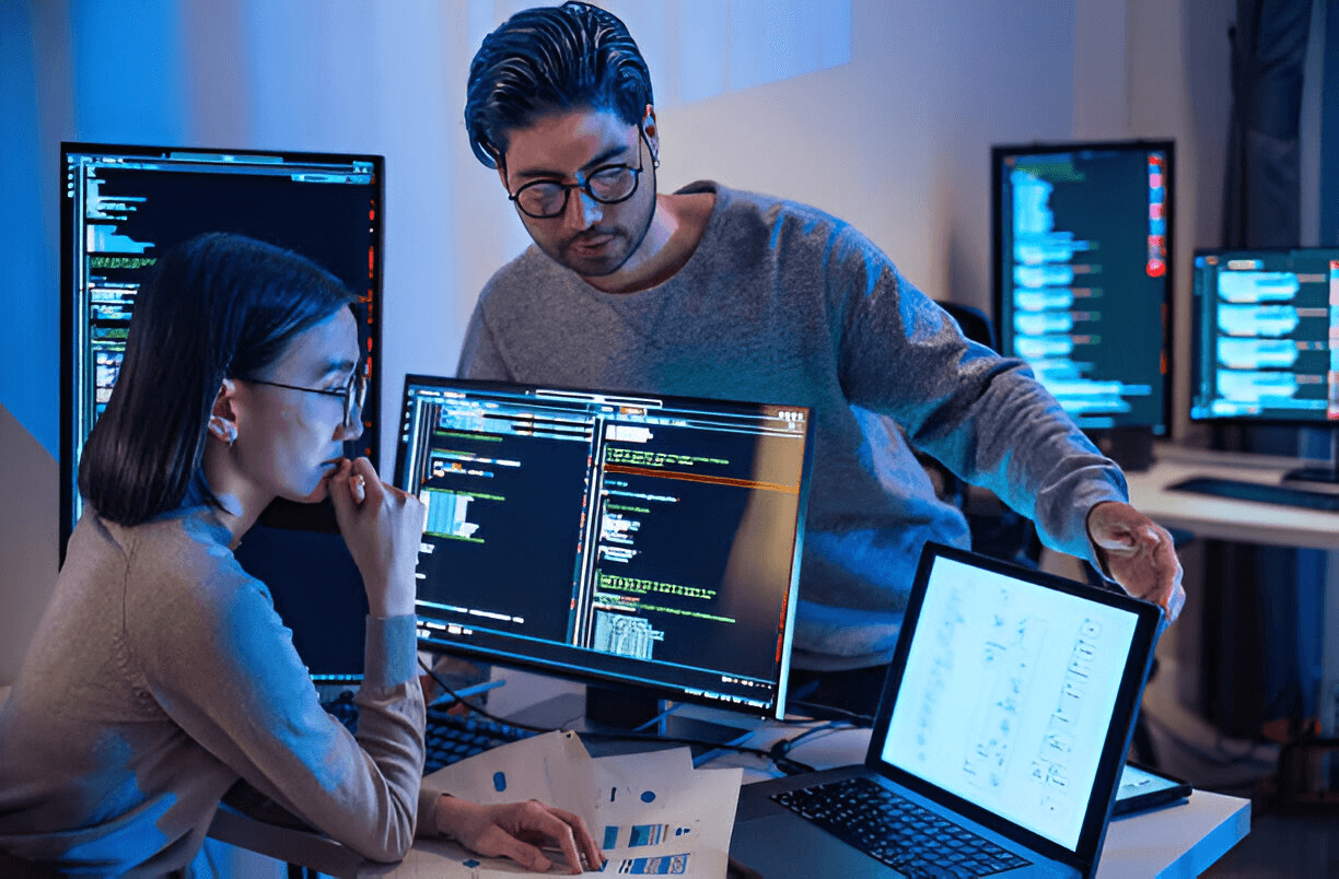 Man and woman writing code on a computer